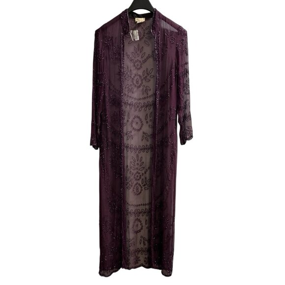 Vintage Lew Magram Cardigan M Purple Sheer Silk Beaded Duster Whimsigoth Fairy - Picture 1 of 12